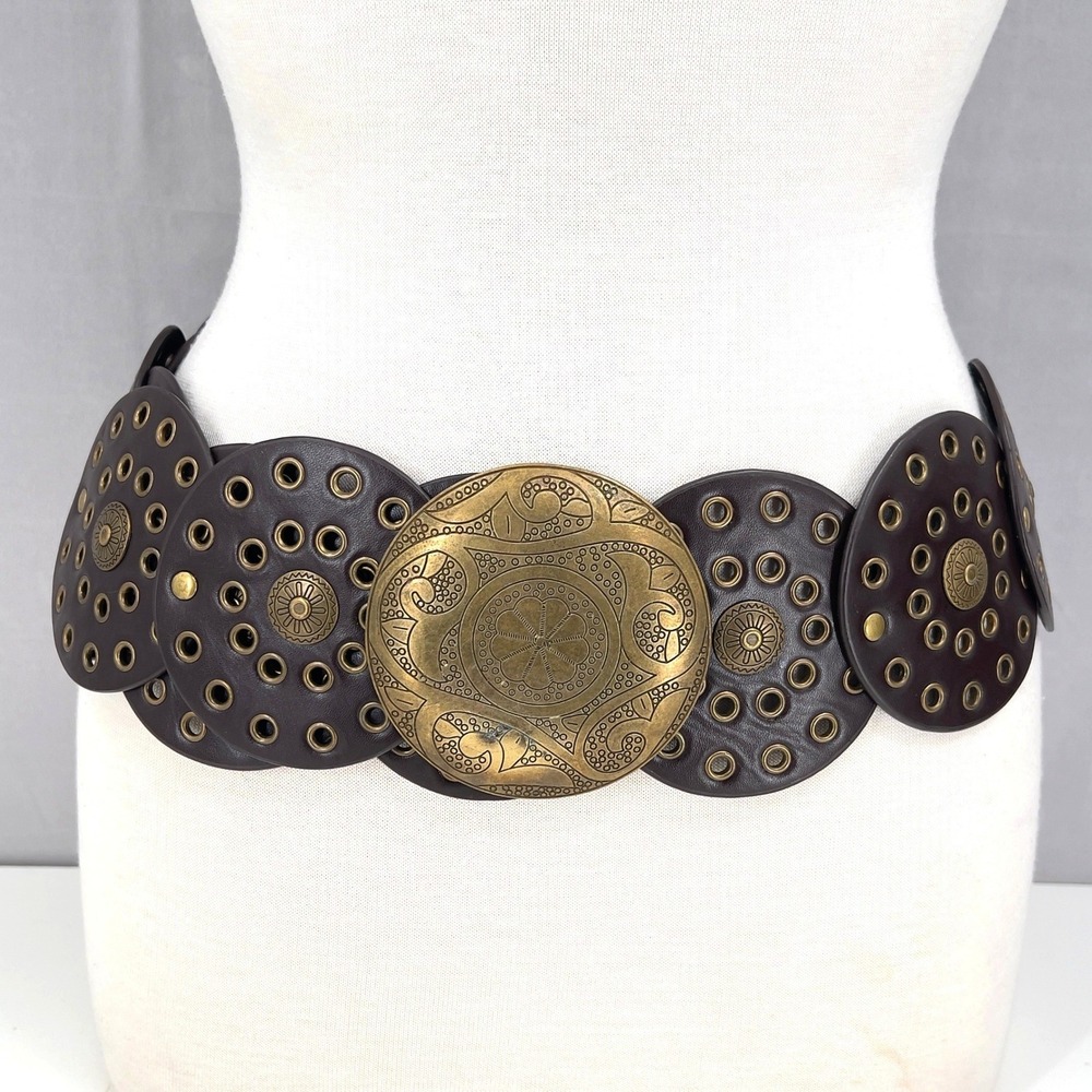 Concho Wide Belt Medallion Brass Buckle Brown Faux Leather Coastal Cowgirl OS
